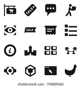 16 vector icon set : shop signboard, sale, message, courier, eye identity, atm receipt, list, info, castle, panel house, palm hammock, chicken