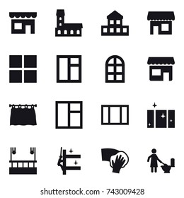 16 vector icon set : shop, mansion, cottage, window, arch window, curtain, clean  window, skyscapers cleaning, skyscrapers cleaning, wiping, toilet cleaning