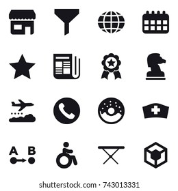 16 vector icon set : shop, funnel, globe, calendar, star, newspaper, medal, chess horse, weather management, phone, donut, invalid, iron board