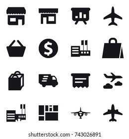 16 vector icon set : shop, presentation, plane, basket, dollar coin, store, shopping bag, delivery, atm receipt, journey, mall, airplane
