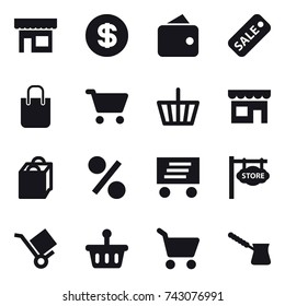16 vector icon set : shop, dollar, wallet, sale, shopping bag, cart, basket, percent, delivery, store signboard, turk