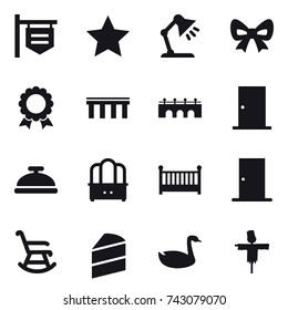 16 vector icon set : shop signboard, star, table lamp, bow, medal, bridge, door, service bell, dresser, crib, rocking chair, goose, scarecrow