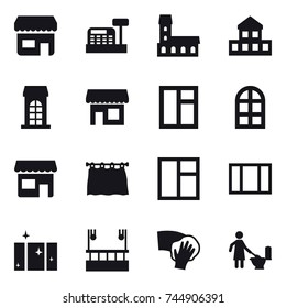 16 vector icon set : shop, cashbox, mansion, cottage, building, window, arch window, curtain, clean  window, skyscapers cleaning, wiping, toilet cleaning
