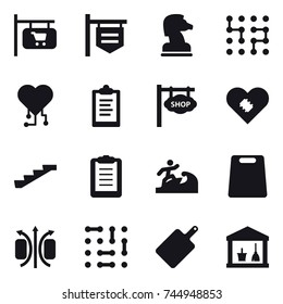 16 vector icon set : shop signboard, chess horse, chip, cardio chip, clipboard, stairs, surfer, cutting board, utility room