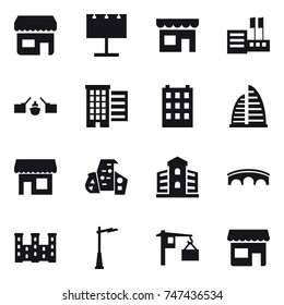 16 vector icon set : shop, billboard, store, drawbridge, houses, building, skyscraper, modern architecture, bridge, palace, outdoor light