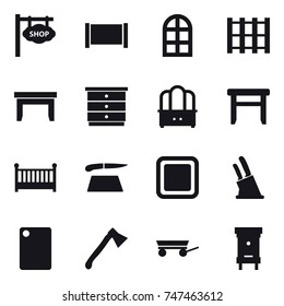 16 vector icon set : shop signboard, fence, arch window, table, chest of drawers, dresser, stool, crib, cutting board, knife holder, axe, trailer, hive