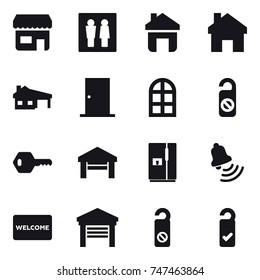 16 vector icon set : shop, wc, home, house with garage, door, arch window, do not distrub, key, garage, fridge, bell, welcome mat, please clean