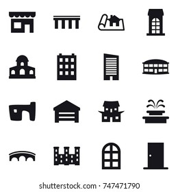 16 vector icon set : shop, bridge, project, building, mansion, skyscraper, airport building, slum, garage, japanese house, fountain, palace, arch window, door