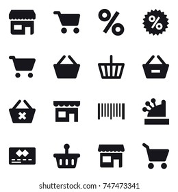 16 vector icon set : shop, cart, percent, basket, remove from basket, delete cart, barcode, cashbox