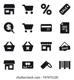 16 vector icon set : shop, cart, percent, sale, dollar arrow, credit card, account balance, remove from basket, delete cart