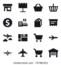 16 vector icon set : shop, billboard, basket, dollar coin, store, shopping bag, atm receipt, journey, plane, airplane, cart, garage