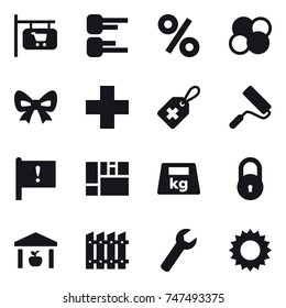 16 vector icon set : shop signboard, diagram, percent, atom core, bow, repair, warehouse, fence, wrench, sun