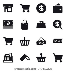 16 vector icon set : shop, cart, dollar, wallet, money, shopping bag, dollar arrow, basket, sale, cashbox