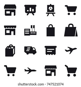 16 vector icon set : shop, presentation, cart, store, shopping bag, delivery, atm receipt, plane