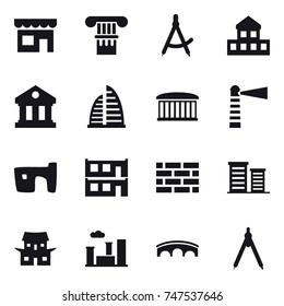 16 vector icon set : shop, column, draw compass, cottage, library, skyscraper, airport building, lighthouse, slum, modular house, brick wall, district, japanese house, city, bridge, drawing compass