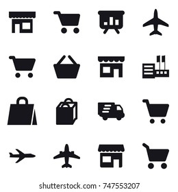 16 vector icon set : shop, cart, presentation, plane, basket, store, shopping bag, delivery, airplane