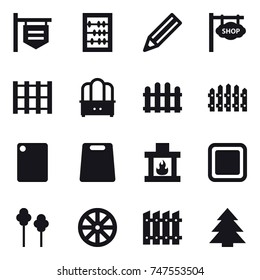 16 vector icon set : shop signboard, abacus, pencil, dresser, fence, cutting board, fireplace, trees, wheel, spruce