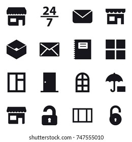 16 vector icon set : shop, 24/7, mail, box, copybook, window, door, arch window, unlocked