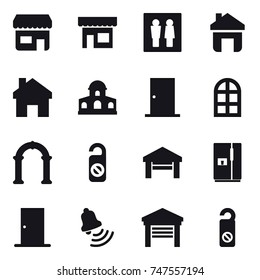 16 vector icon set : shop, wc, home, mansion, door, arch window, arch, do not disturb, garage, fridge, bell