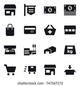 16 vector icon set : shop, shop signboard, money, shopping bag, credit card, add to basket, market, market scales, mall, warehouse, package