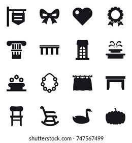 16 vector icon set : shop signboard, bow, heart, medal, column, bridge, building, fountain, flower bed, Hawaiian wreath, curtain, table, chair, rocking chair, goose, pumpkin