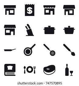 16 vector icon set : shop, receipt, stands for knives, pan, skimmer, big spoon, wine