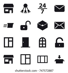 16 vector icon set : shop, share, 24/7, mail, delivery, unlock, box, window, door, arch window, package