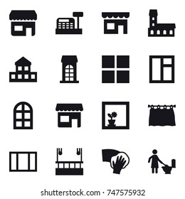 16 vector icon set : shop, cashbox, mansion, cottage, building, window, arch window, flower in window, curtain, skyscaper cleaning, wiping, toilet cleaning
