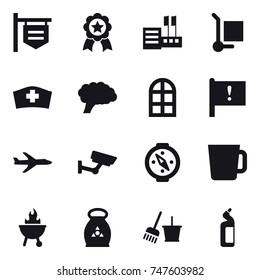 16 vector icon set : shop signboard, medal, store, cargo stoller, arch window, plane, surveillance, compass, cup, bbq, fertilizer, bucket and broom, toilet cleanser