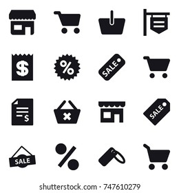 16 vector icon set : shop, cart, basket, shop signboard, receipt, percent, sale, account balance, delete cart, sale label