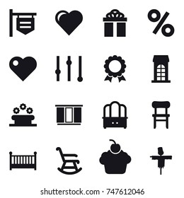 16 vector icon set : shop signboard, heart, gift, percent, equalizer, medal, building, flower bed, wardrobe, dresser, chair, crib, rocking chair, scarecrow