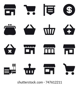 16 vector icon set : shop, cart, shop signboard, dollar, purse, basket, add to basket, delete cart, market, mall