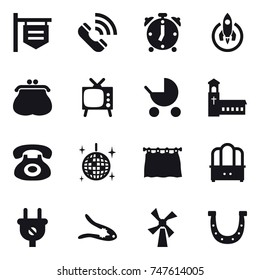 16 vector icon set : shop signboard, call, alarm clock, rocket, purse, tv, baby stroller, church, disco ball, curtain, dresser, walnut crack, windmill, horseshoe