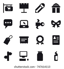 16 vector icon set : shop signboard, billboard, pencil, gift, message, notebook, satellite, bow, label, atm receipt, medal, toilet cleanser