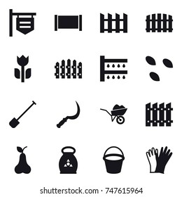 16 vector icon set : shop signboard, fence, watering, seeds, shovel, sickle, wheelbarrow, pear, fertilizer, bucket, gloves