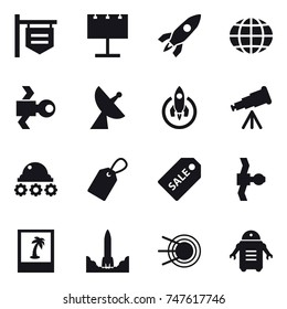 16 vector icon set : shop signboard, billboard, rocket, globe, satellite, satellite antenna, telescope, lunar rover, label, sale label, photo
