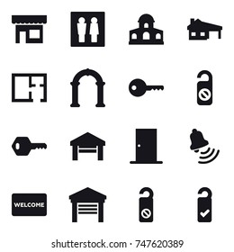 16 vector icon set : shop, wc, mansion, house with garage, plan, arch, key, do not distrub, garage, door, bell, welcome mat, please clean