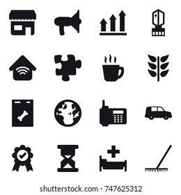 16 vector icon set : shop, loudspeaker, graph up, crystall  memory, wireless home, puzzle, hot drink, hospital, rake