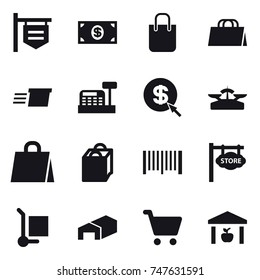 16 vector icon set : shop signboard, money, shopping bag, delivery, cashbox, dollar arrow, scales, barcode, store signboard, cargo stoller, warehouse