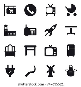 16 vector icon set : shop signboard, phone, tv, baby stroller, church, table, dresser, stool, fridge, sickle, windmill, apron