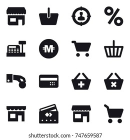 16 vector icon set : shop, basket, target audience, percent, cashbox, crypto currency, cart, hand coin, credit card, add to basket, delete cart