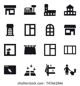 16 vector icon set : shop, cashbox, mansion, cottage, building, window, arch window, flower in window, curtain, clean floor, skyscrapers cleaning, toilet cleaning
