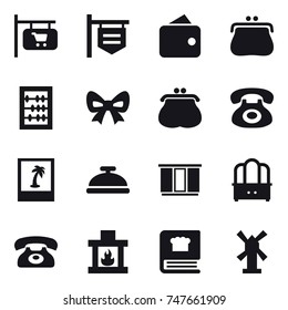 16 vector icon set : shop signboard, wallet, purse, abacus, bow, photo, service bell, wardrobe, dresser, phone, fireplace, windmill