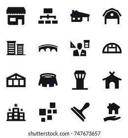 16 vector icon set : shop, hierarchy, house with garage, barn, district, bridge, architector, greenhouse, stadium, airport tower, bungalow, hotel, scraper, housing