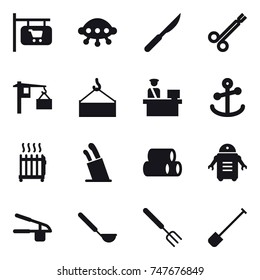 16 vector icon set : shop signboard, ufo, radiator, stands for knives, garlic clasp, ladle, big fork, shovel
