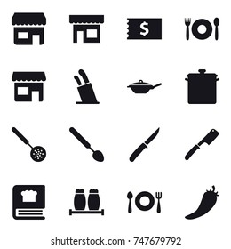 16 vector icon set : shop, receipt, cafe, stands for knives, pan, skimmer, big spoon, knife, chef knife, hot pepper