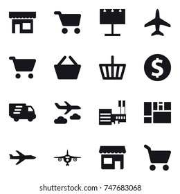 16 vector icon set : shop, cart, billboard, plane, basket, dollar coin, delivery, journey, mall