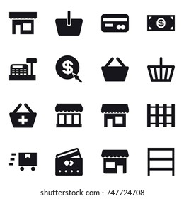 16 vector icon set : shop, basket, card, money, cashbox, dollar arrow, add to basket, market, credit card, rack