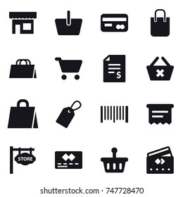 16 vector icon set : shop, basket, card, shopping bag, cart, account balance, delete cart, label, barcode, atm receipt, store signboard, credit card