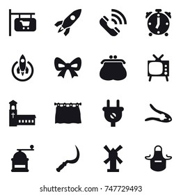 16 vector icon set : shop signboard, rocket, call, alarm clock, bow, purse, tv, church, curtain, walnut crack, hand mill, sickle, windmill, apron